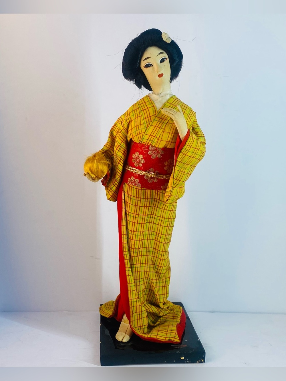 Vintage 1960s Japanese Geisha Doll Yellow Plaid Kimono Red Obi Wood Base